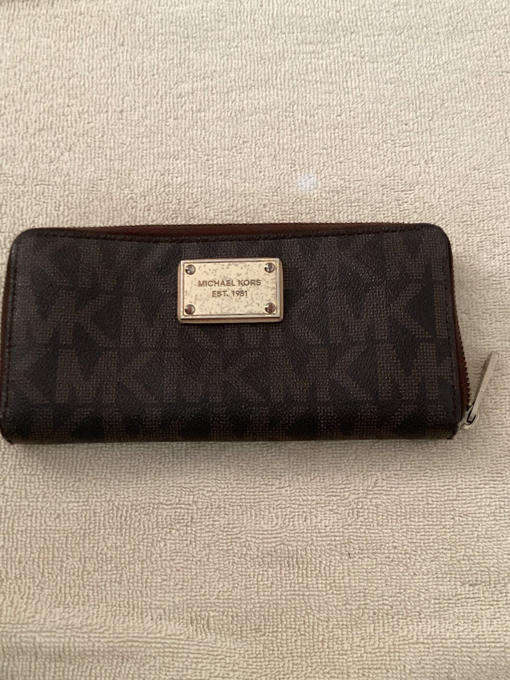 Michael Kors Dark Brown Signature Zip Wallet with Gold Plate
